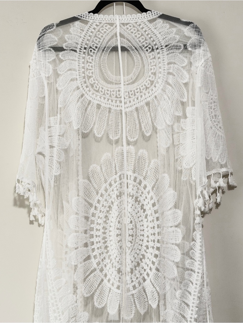 White Lace Boho Open-Front Kimono Cardigan with Waist Tie - Picture 6 of 10